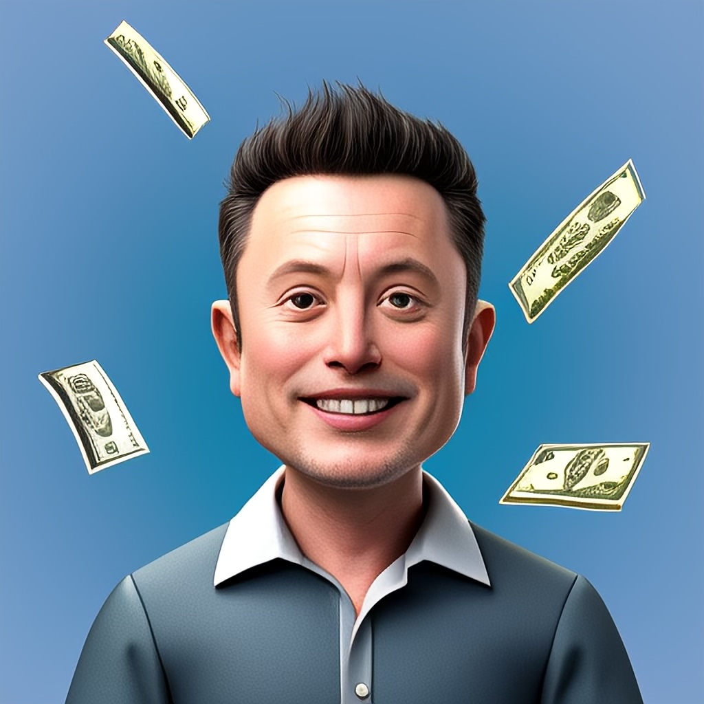 caricature of Elon Musk with cash flying around